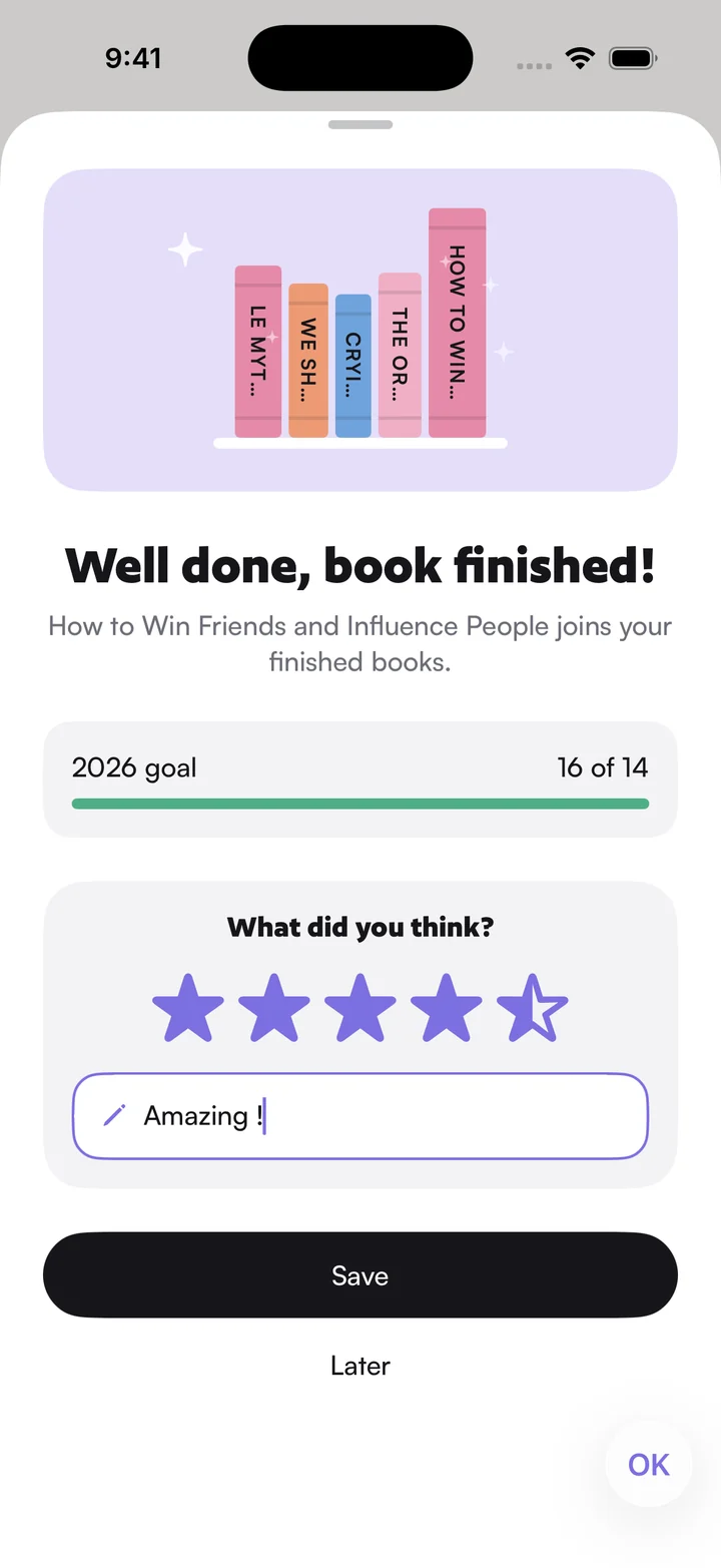 Booxne finished book screen with star rating and review field.